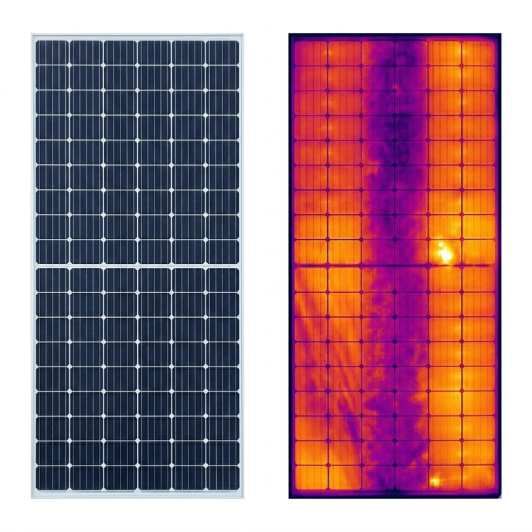 Produktvergleich: Normal vs. Thermografie Gegenüberstellung eines regulären Photovoltaik-Moduls mit einer thermografischen Infrarot-Aufnahme zur Hotspot-Erkennung