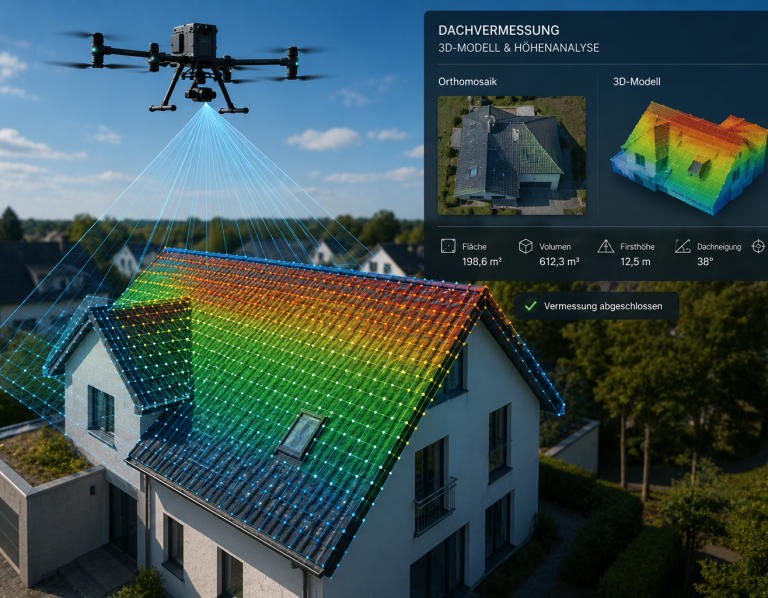 Ergebnis: Digitaler 3D-Zwilling Drohne scannt Wohnhaus zur digitalen Dachvermessung mit eingeblendeter Höhenanalyse und buntem 3D-Modell