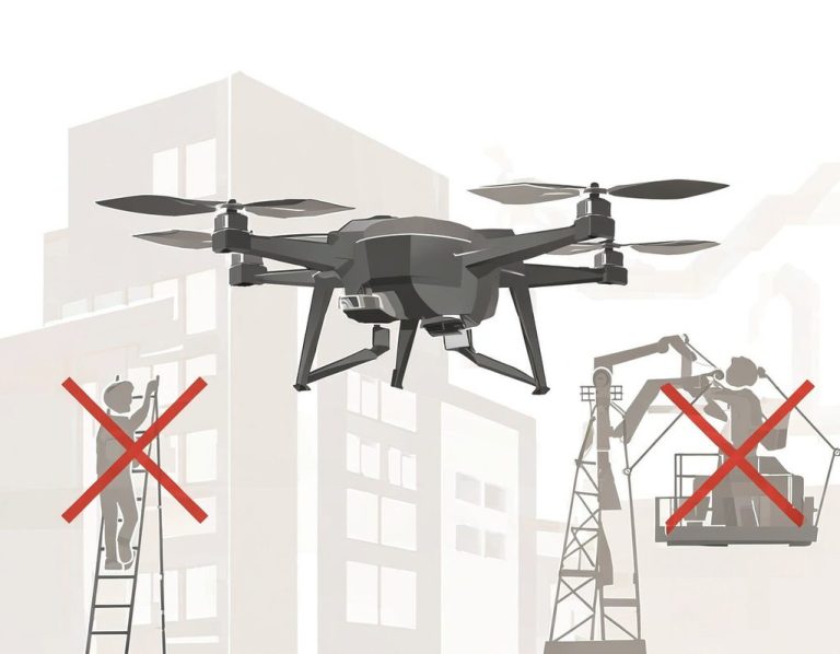 Vorteil Arbeitssicherheit: Drohne im Einsatz vor einem Gebäude, während gefährliche Arbeiten auf Leitern und Hubsteigern rot gestrichen sind