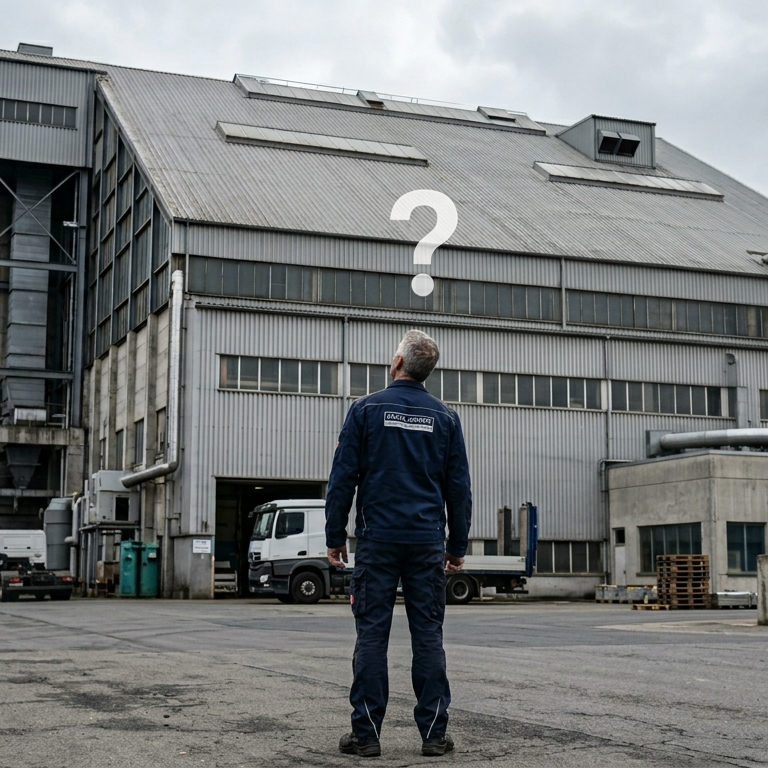 Problem: Unübersichtliche Großdächer Arbeiter blickt fragend auf ein großes, sanierungsbedürftiges Fabrikdach als Symbol für unübersichtliche Dachinspektionen