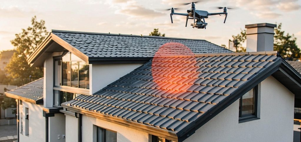 Inspektion Eine professionelle Inspektionsdrohne fliegt über das Dach eines Wohnhauses zur Schadenserkennung