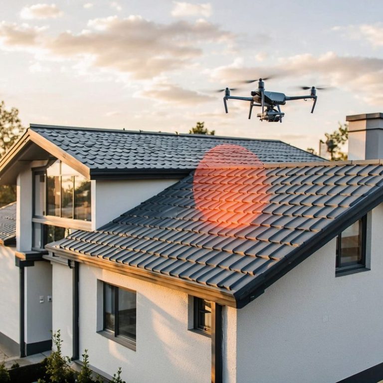 Eine professionelle Inspektionsdrohne fliegt über das Dach eines Wohnhauses zur Schadenserkennung