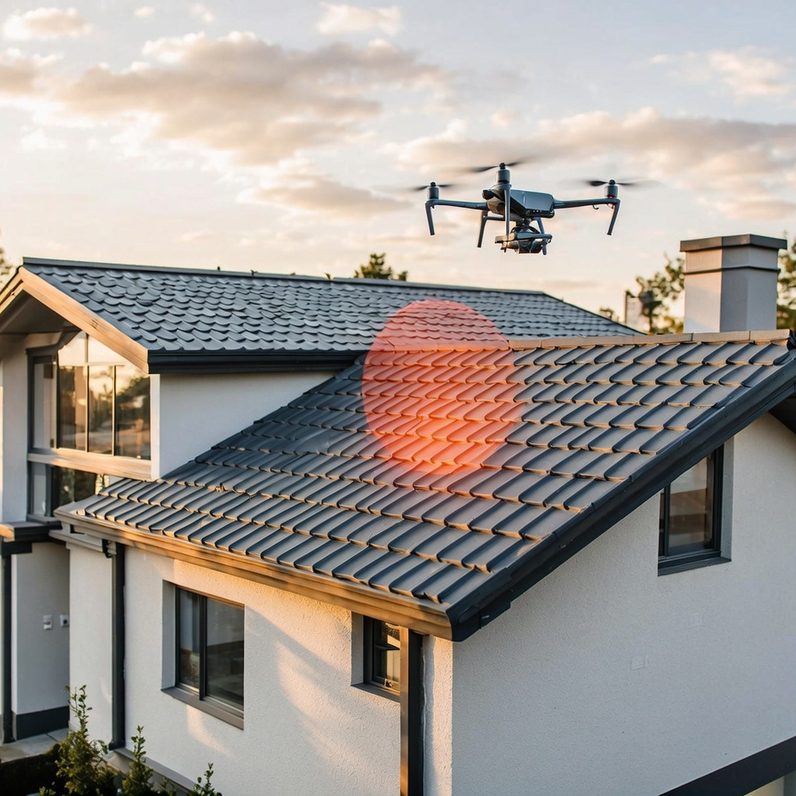 Inspektion Eine professionelle Inspektionsdrohne fliegt über das Dach eines Wohnhauses zur Schadenserkennung