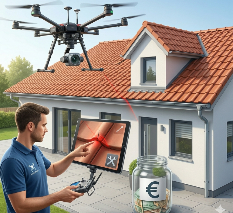 Vorteil: Schaden erkennen & Geld sparen Illustrierte Drohnen-Dachinspektion an einem Wohnhaus mit Schadensanalyse auf einem Tablet und einem Sparglas
