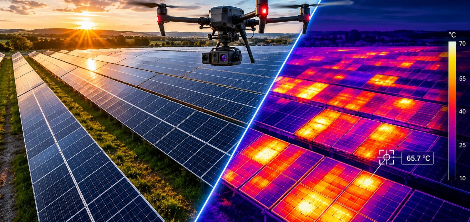 Thermografie Drohnen-Photovoltaik-Check mit Split-Screen-Ansicht aus realem Foto und radiometrischem Infrarot-Wärmebild