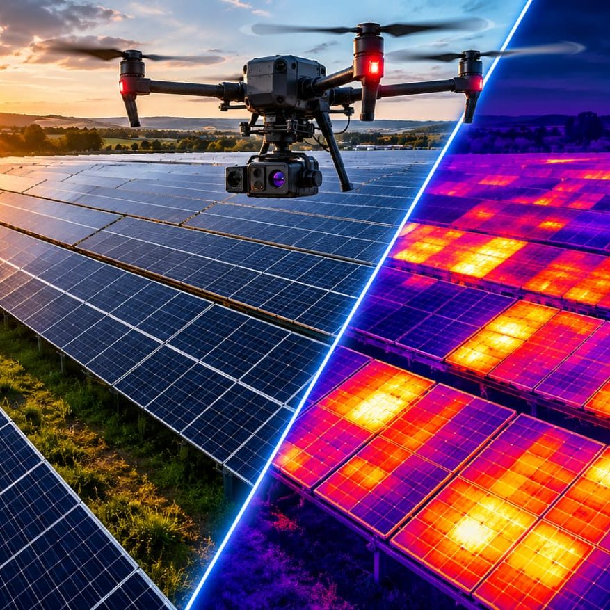 Thermografie Drohnen-Photovoltaik-Check mit Split-Screen-Ansicht aus realem Foto und radiometrischem Infrarot-Wärmebild