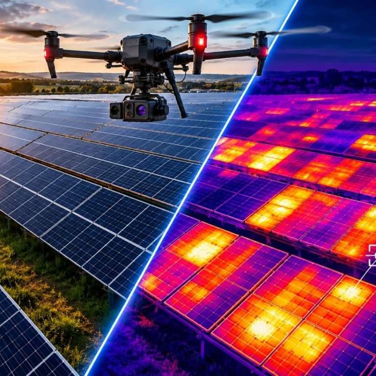Drohnen-Photovoltaik-Check mit Split-Screen-Ansicht aus realem Foto und radiometrischem Infrarot-Wärmebild