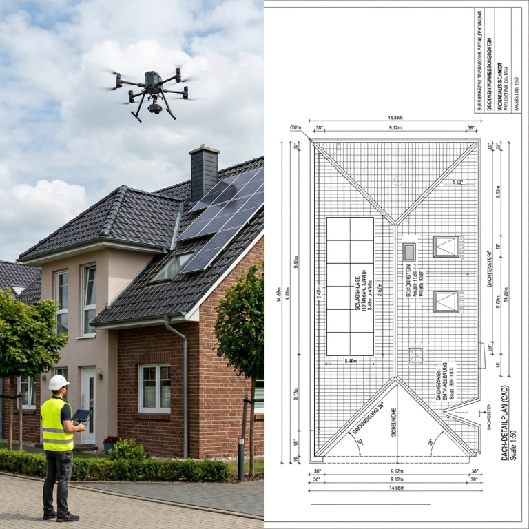 Lösung: Drohnenflug zu CAD-Modell Split-Screen: Drohnenpilot vermisst Wohnhaus mit PV-Anlage, daneben der daraus erstellte digitale Dach-Detailplan