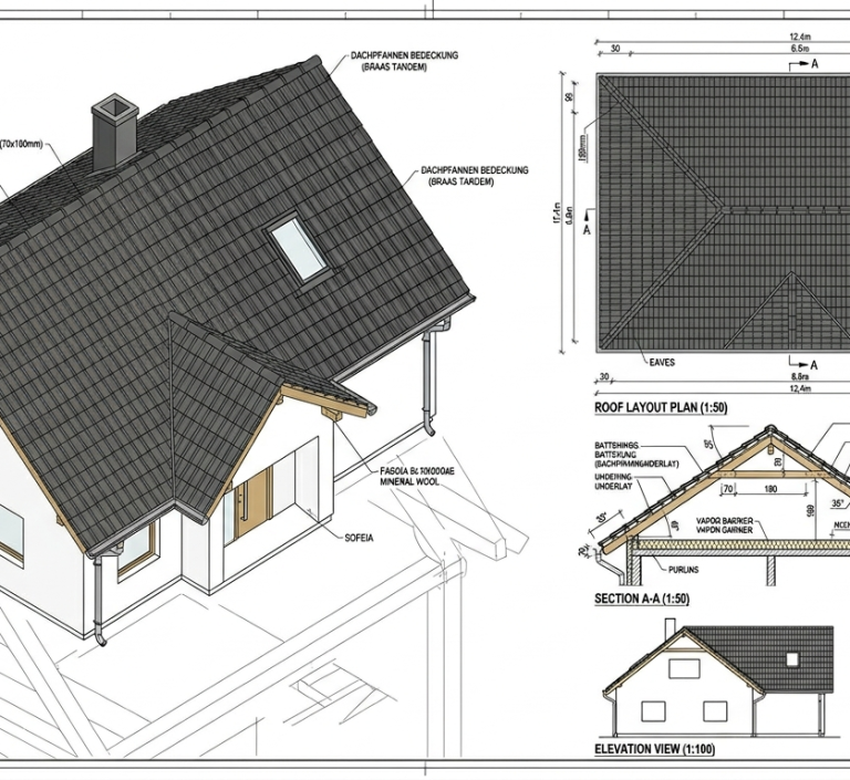 Klassischer Bauplan / CAD-Modell Technische CAD-Zeitung eines Wohnhauses mit verschiedenen Dachansichten und präzisen Bemaßungen