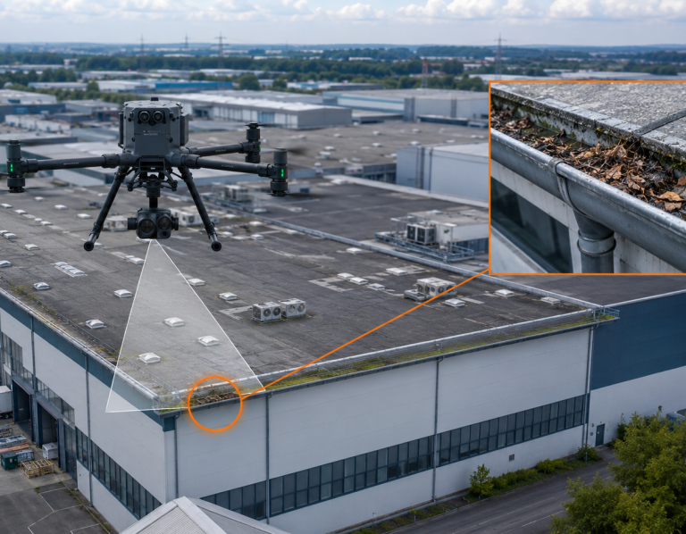 Lösung: Drohnen-Flug über Gewerbedach Industriedrohne scannt das Flachdach einer Gewerbehalle mit Bildeinblendung einer durch Laub verstopften Dachrinne