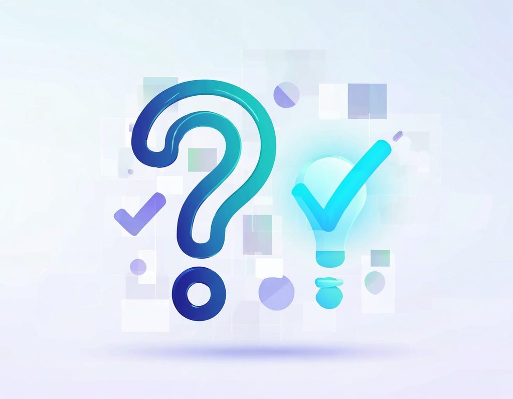 FAQ Fragen und Antworten Das Bild stellt ein Fragezeichen dar, außerdem sind Haken zu sehen