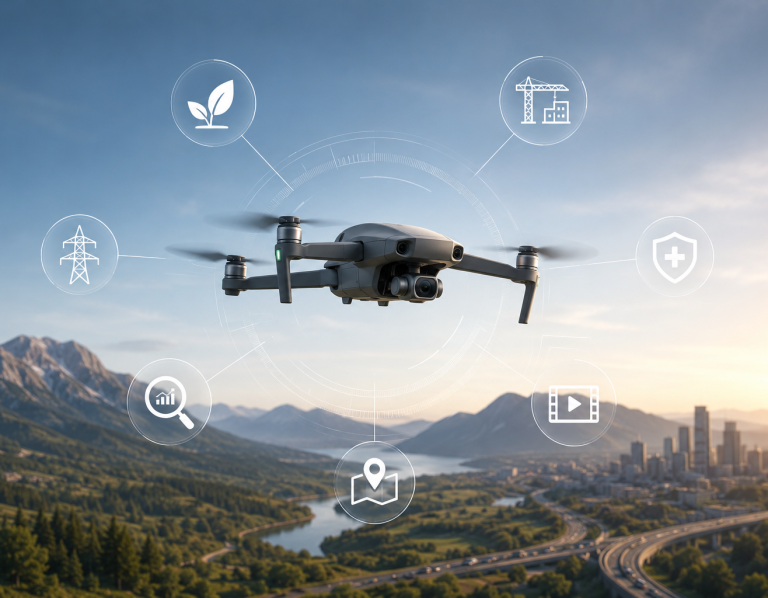 Darstellung der verschiedenen Einsatzbereiche einer Drohne Kamera-Drohne im Flug vor einer Landschaft mit Icons für Landwirtschaft, Bauwesen, Energie, Analyse, Ortung und Videoerstellung