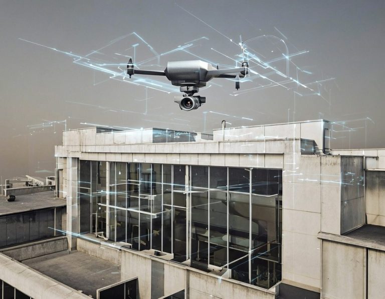 Professionelle Kamera-Drohne im Flug über einem modernen Glasgebäude mit eingeblendeten digitalen Mess- und Datenlinien
