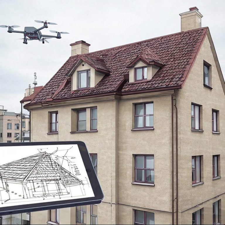 Eine professionelle Drohne fliegt über ein Gebäude und erstellt eine digitale Gebäude-Vermessung für exakte 3D-Zwillinge und Aufmaße
