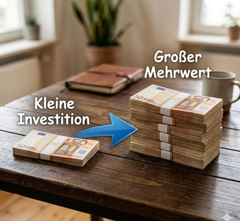 Grafik: Kleine Investition, großer Mehrwert Zwei Geldbündel aus Euro-Scheinen auf einem Holztisch als Symbol für rentablen Mehrwert durch eine geringe Investition